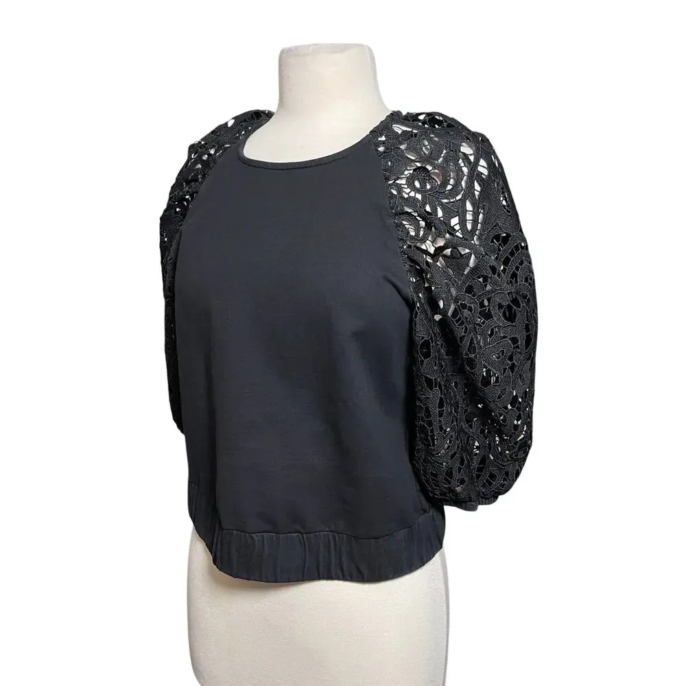 ANTHROPOLOGIE DOLAN Women’s Black Lace 3/4 Puff Sleeve Bubble Hem top